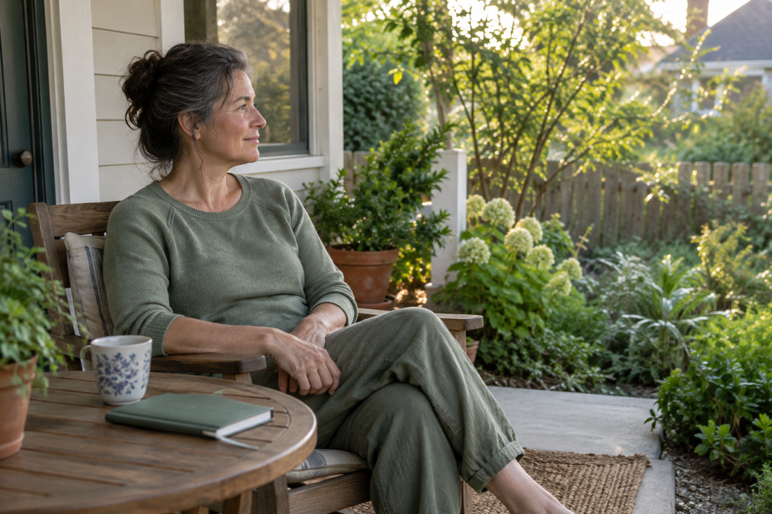 Woman in sage green clothing sitting on a porch overlooking a garden, with a mug and closed notebook on a nearby table