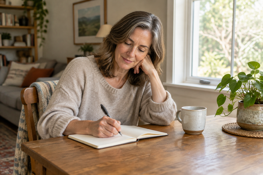 Woman writing in a notebook at a wooden table beside a window, mug, and green plant