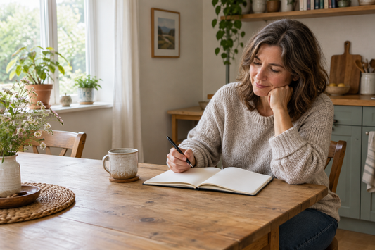 Woman holding a pen over an open notebook at a kitchen table beside a mug and window plants