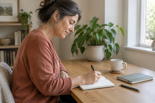 Woman in a terracotta cardigan writing in an open notebook at a wooden desk beside a mug, closed notebook, and leafy plant