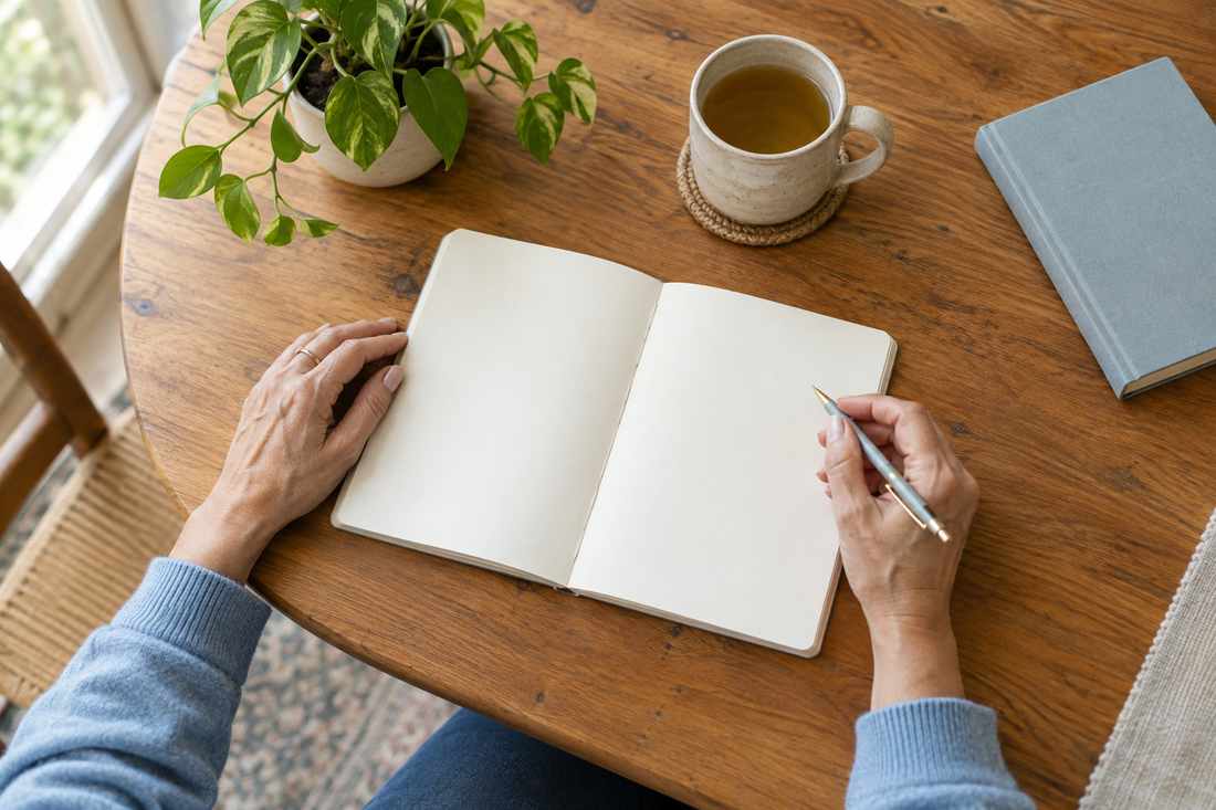 Overhead view of hands holding a pen beside an open notebook, tea mug, plant, and blue book on a wooden table